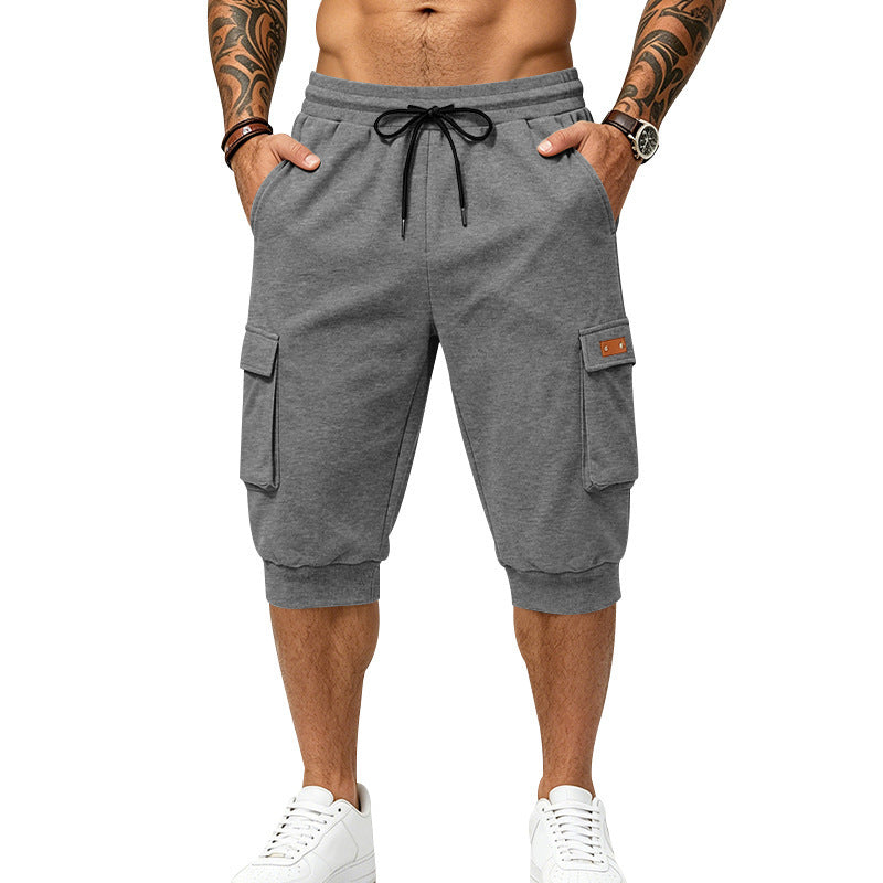 Men's Three-Quarter Cargo Jogging Pants with Drawstring, Patch Pockets, and Ribbed Cuffs Chichicherry
