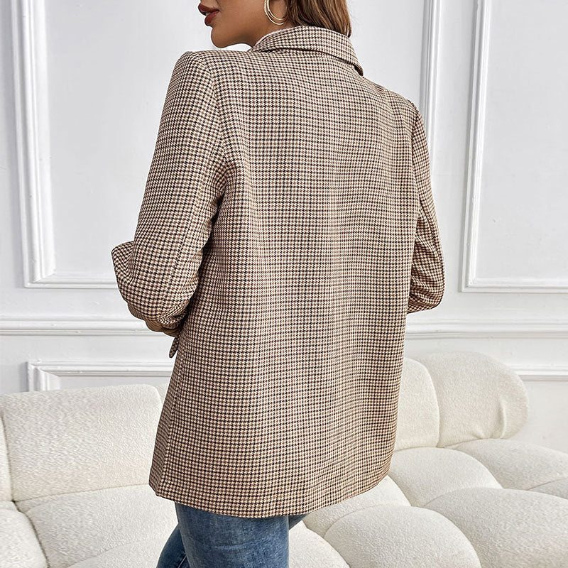 Women's Oversized Houndstooth Blazer with Lapel Collar and Flap Pockets Chichicherry