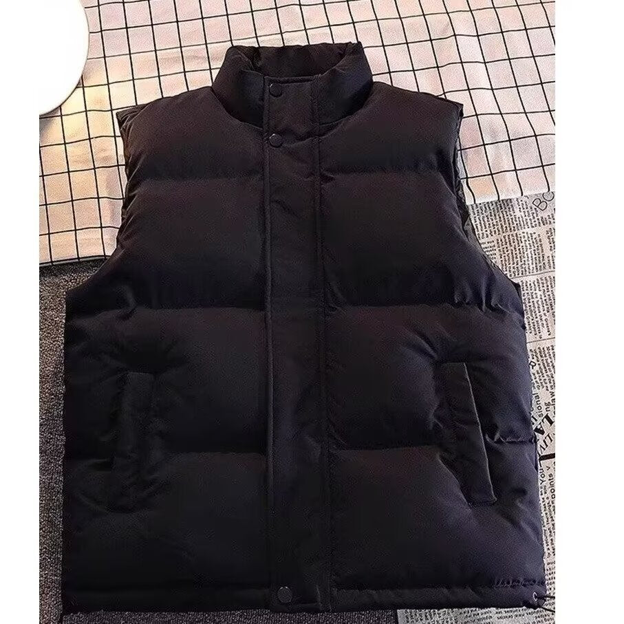 Men's Padded Sleeveless Quilted Vest with Stand Collar and Concealed Snap Placket Chichicherry