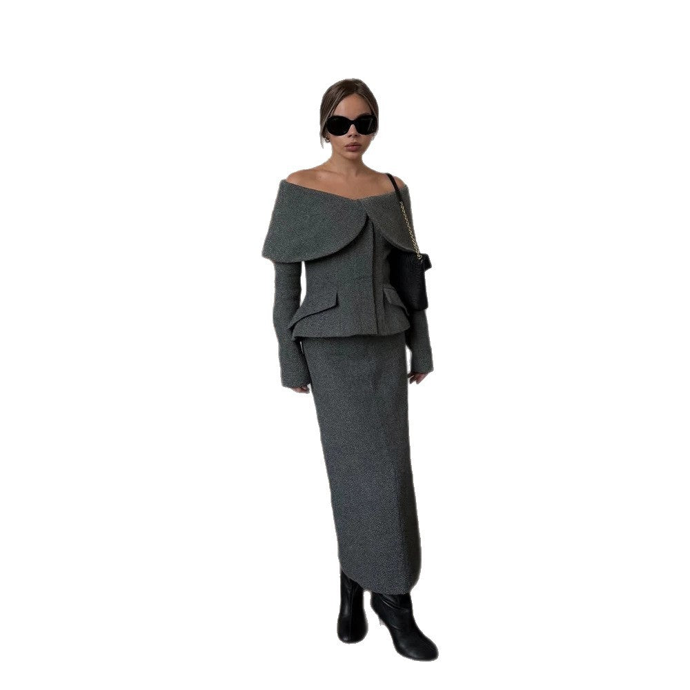 Women Elegant Boucle Set with Off-Shoulder Jacket and Fitted Pencil Skirt Chichicherry