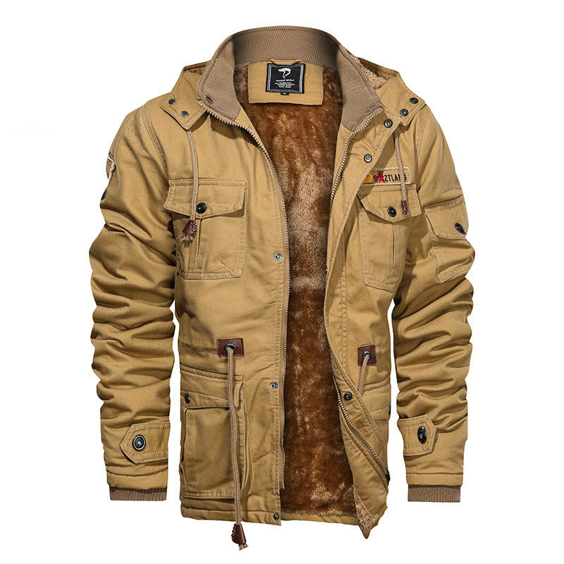 Men's Military-Inspired Canvas Field Jacket with Hood, Drawstring Waist and Fleece Lining Chichicherry