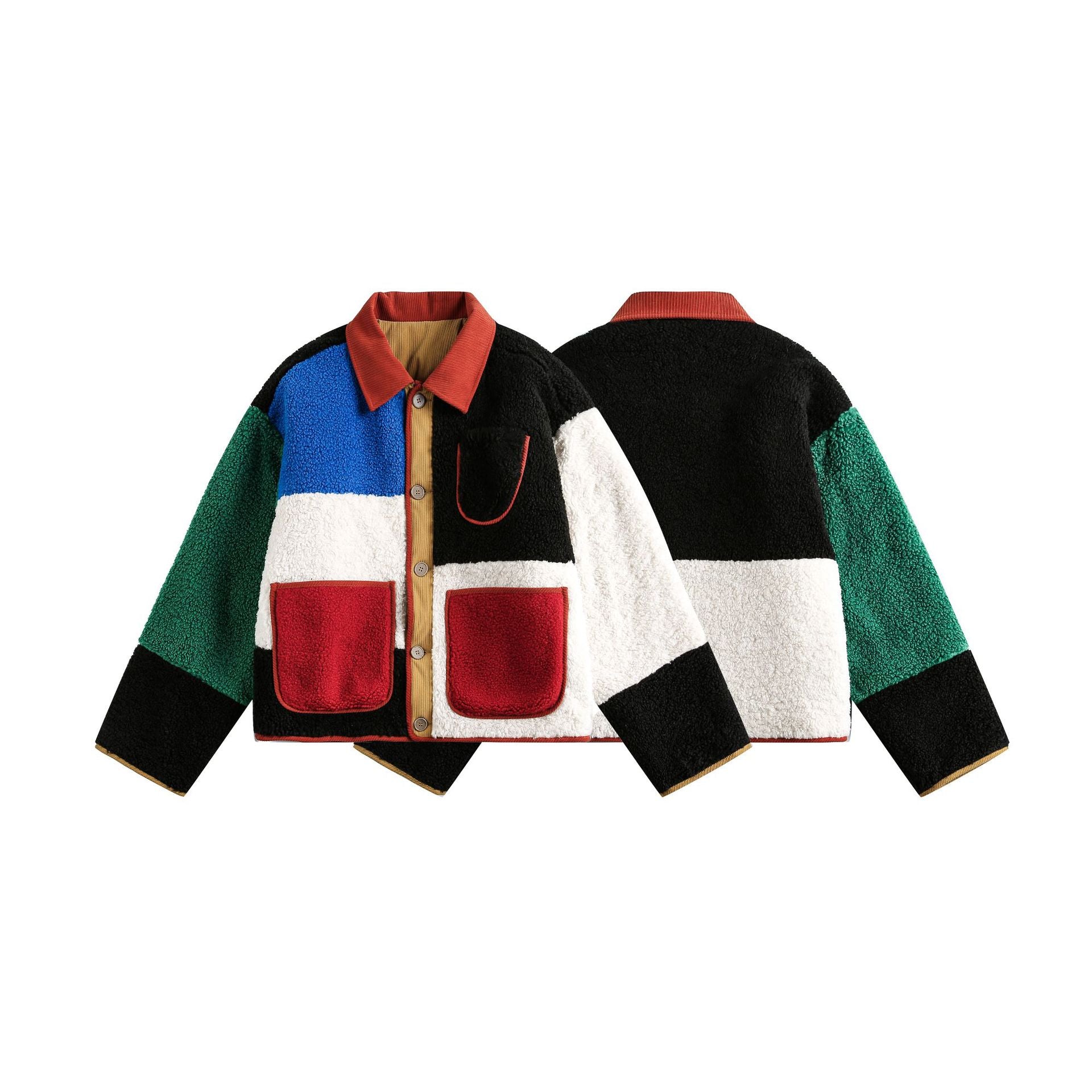 Unisex Boxy Patchwork Sherpa-Fleece Jacket with Cord Collar and Patch Pockets Chichicherry