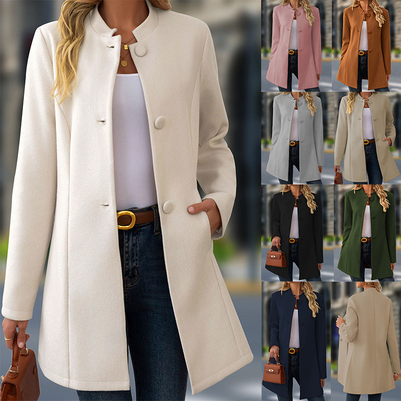 Women's Tailored Stand Collar Coat with Fabric Covered Buttons Chichicherry