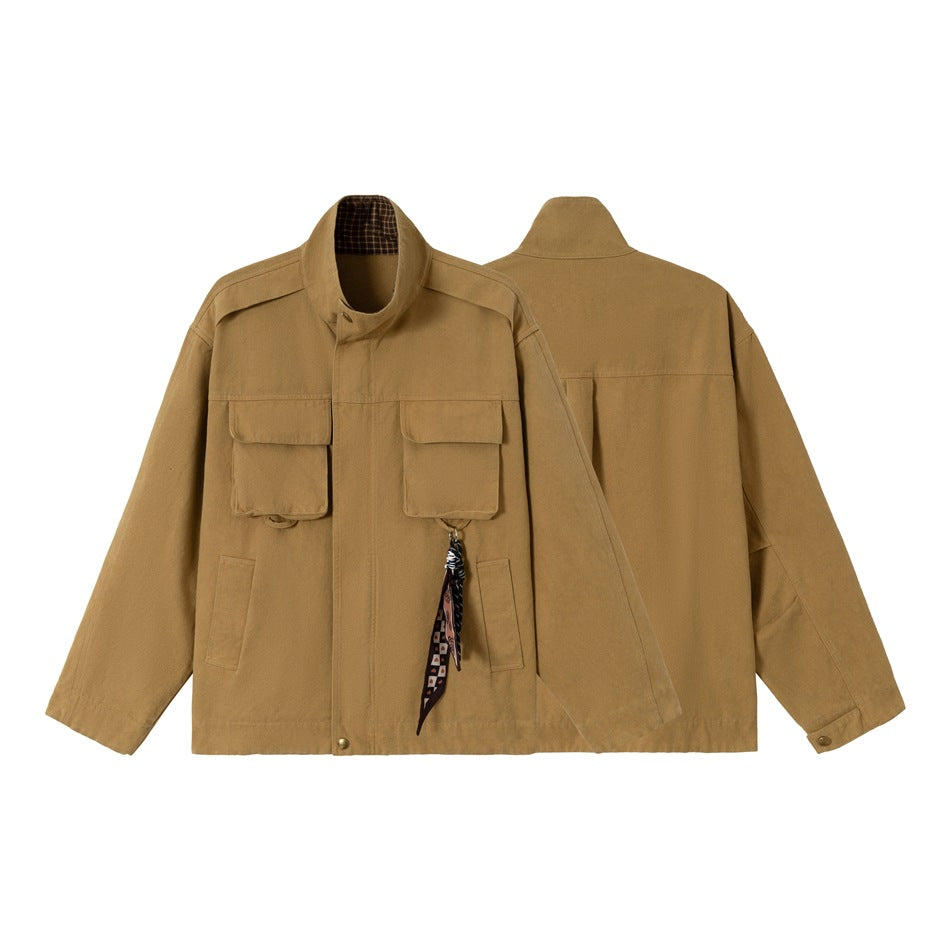 Men's short-cut rugged field jacket made of cotton canvas with stand-up collar and patch pockets Chichicherry