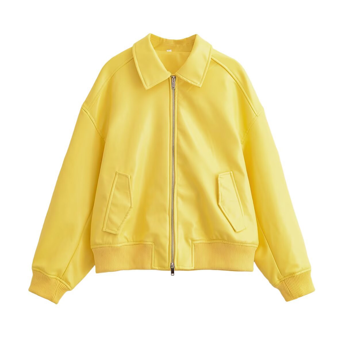 Women's Oversized Bomber Jacket with Zipper, Ribbed Hem and Flap Pockets Chichicherry
