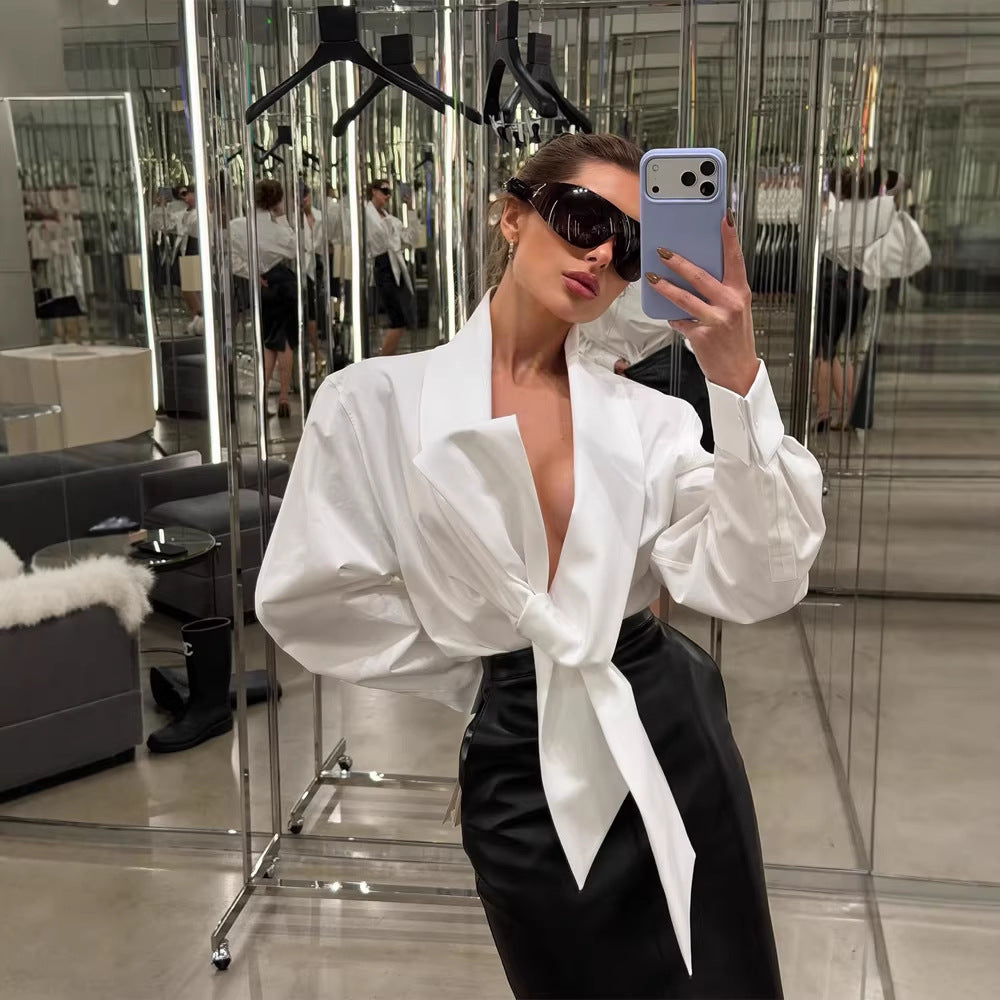 Women Tailored Blouse with XXL Volume Sleeves and Front Knot Chichicherry
