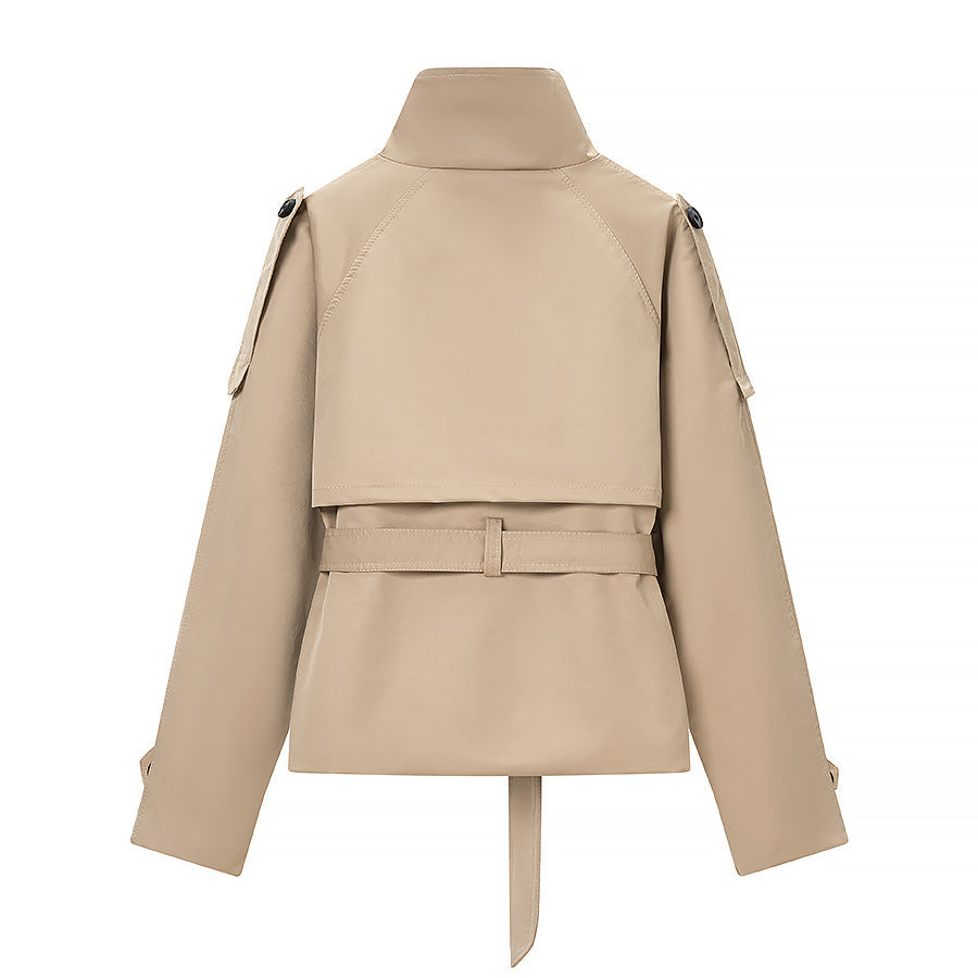 Ladies short tailored trench coat with high button placket and waist belt Chichicherry