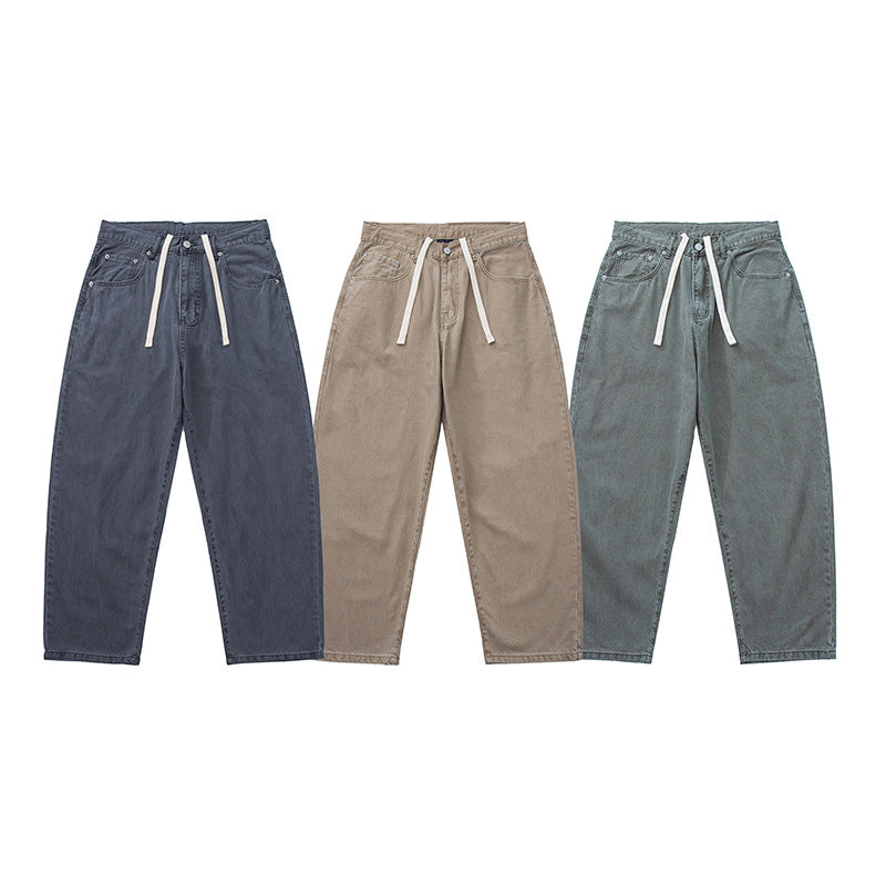 Men's Wide Baggy Jeans made of washed denim with elastic drawstring waistband Chichicherry