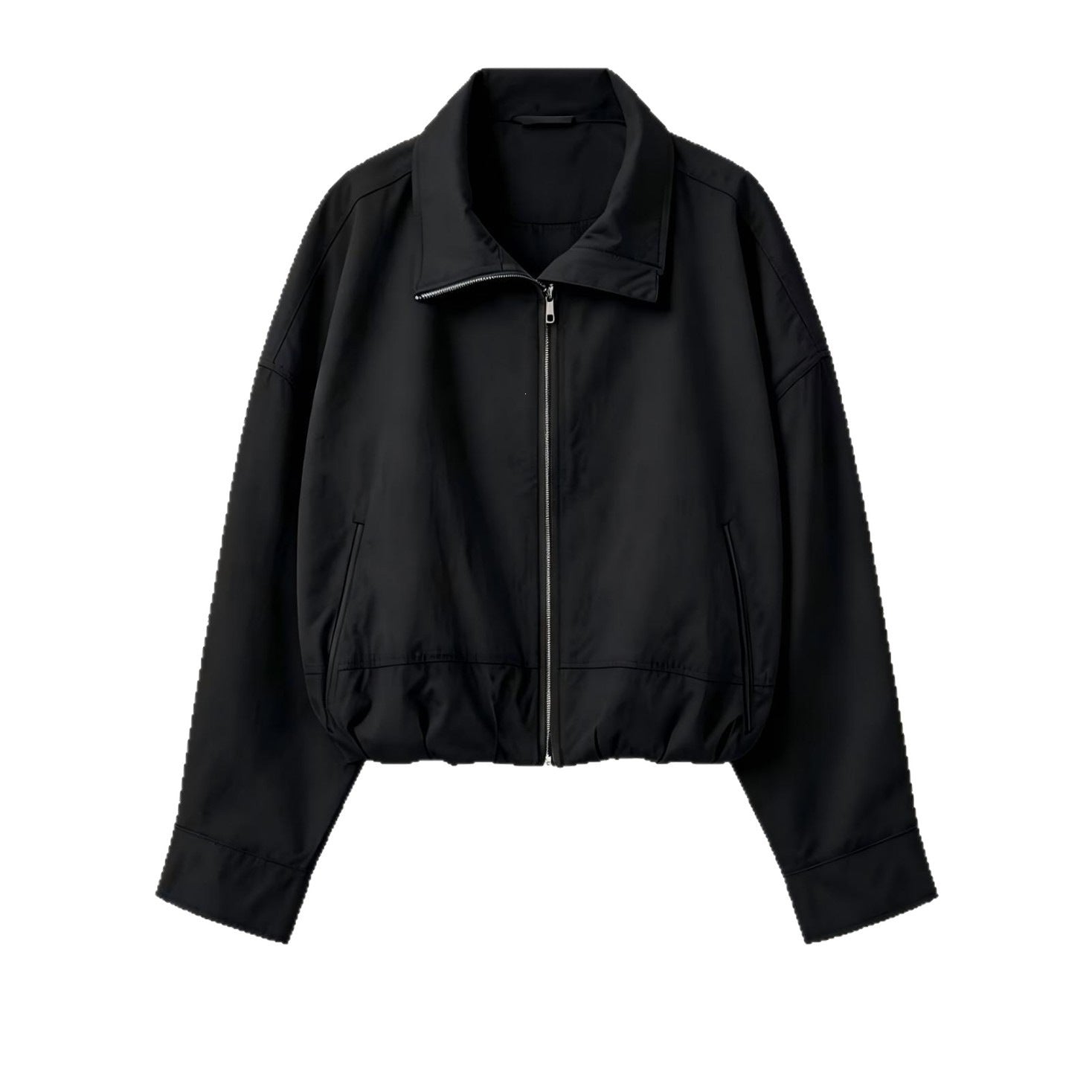 Women's Lightweight Short Bomber Jacket with Stand-up Collar, Drawstring Waist and Concealed Zipper Chichicherry