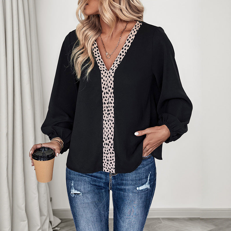 Women's V-neck blouse with leopard print trim and airy balloon sleeves Chichicherry