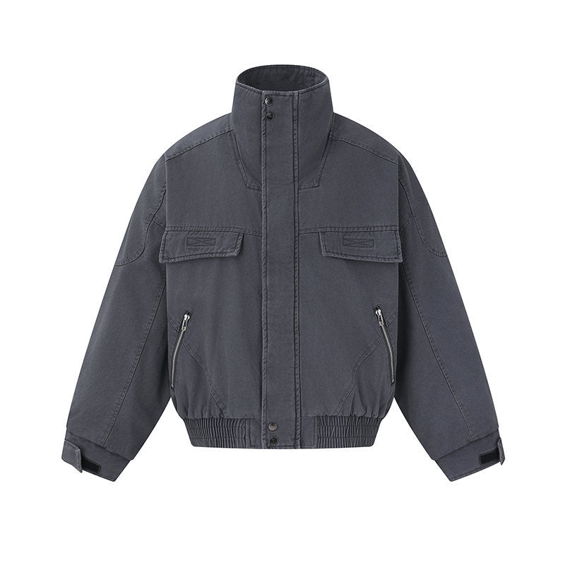 Men's short-cut canvas bomber jacket with high stand-up collar, concealed front placket, and zip pockets Chichicherry