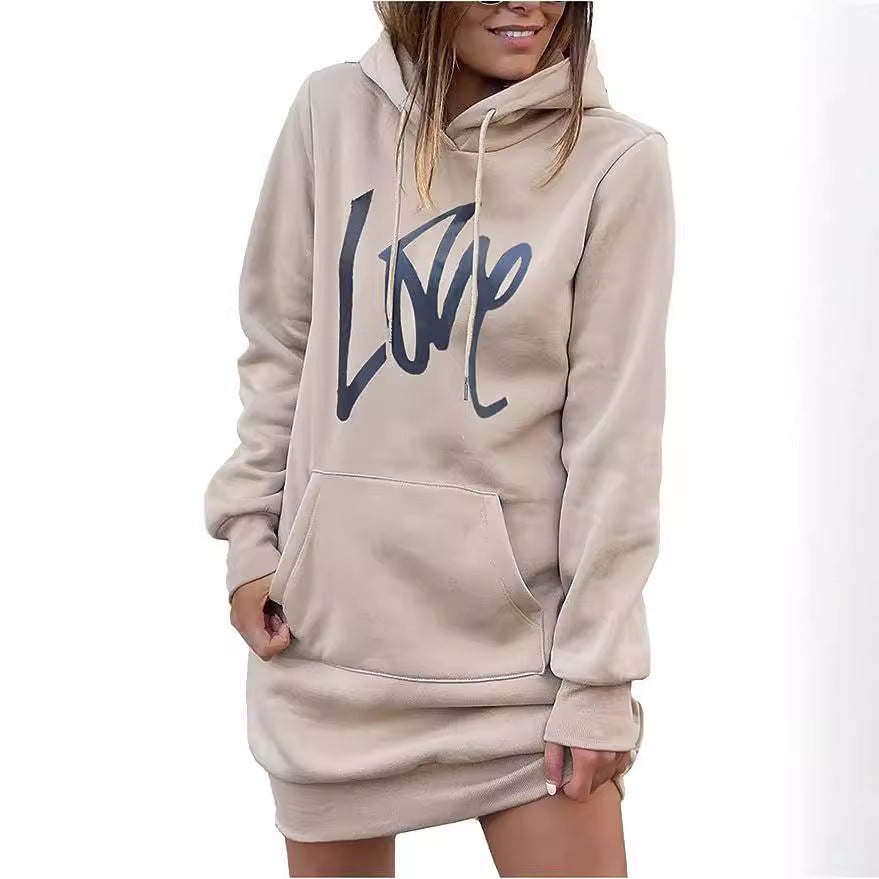 Damen Fleece-Kapuzenkleid mit Kängurutasche, Daumenlochärmeln und Oversize-Sweatshirt-Schnitt Chichicherry