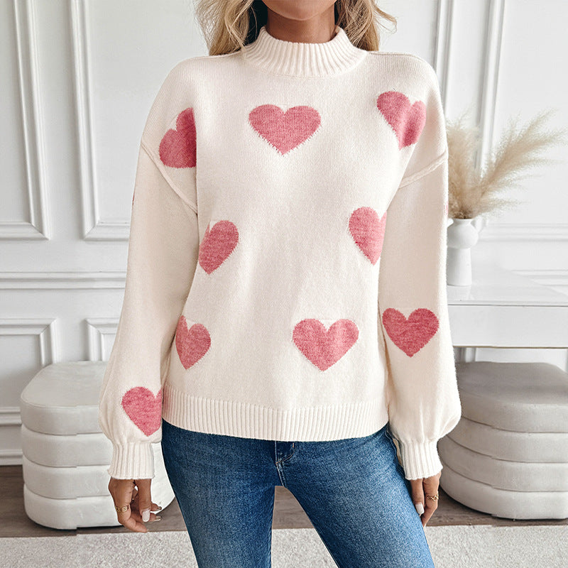 Women's Cozy Knit Sweater with Heart Intarsias and Stand-Up Collar Chichicherry