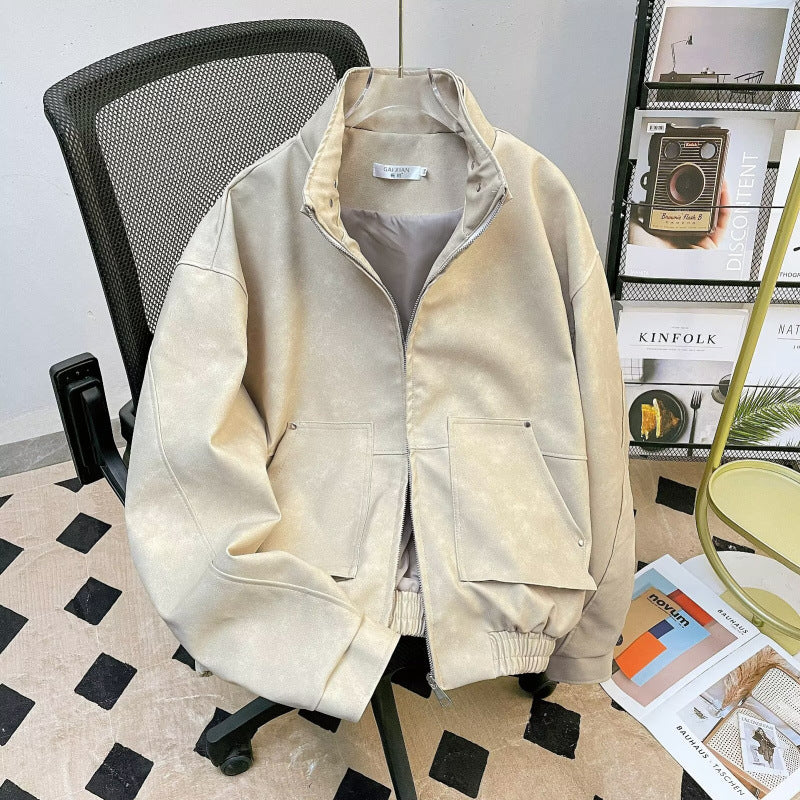 Herren kurze Stehkragenjacke aus Veloursleder-Imitat mit durchgehendem Reißverschluss Chichicherry