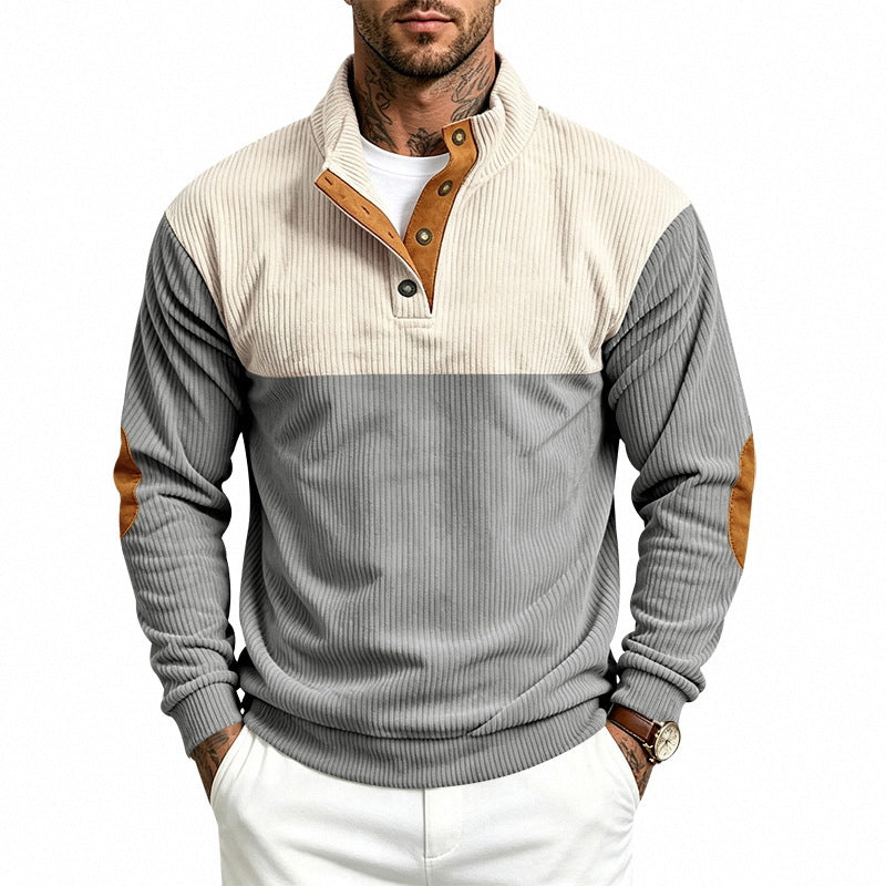 Men's Structured Ribbed Henley Half-Zip with Stand Collar and Elbow Patches Chichicherry