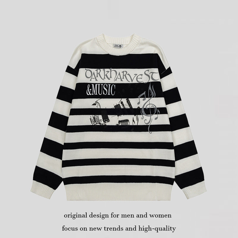 Women Striped Oversized Knit Sweater with Round Neck and Music Graphic Chichicherry