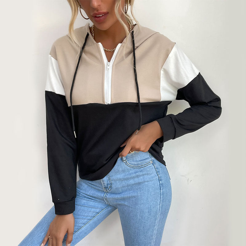 Women's hooded pullover with half zipper, color block design and drawstring Chichicherry
