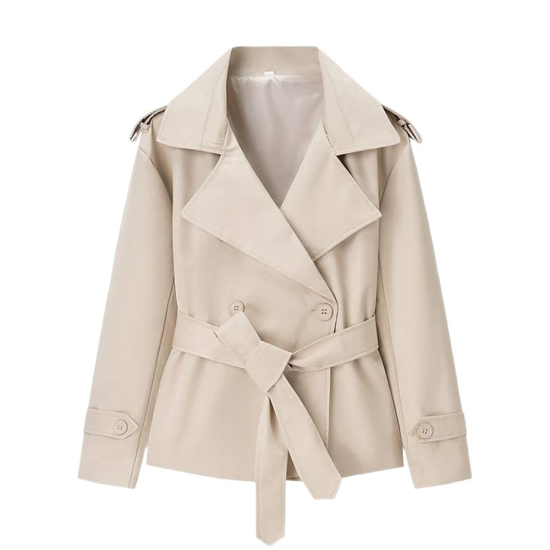 Women's short trench coat with tie belt and double-breasted button placket Chichicherry