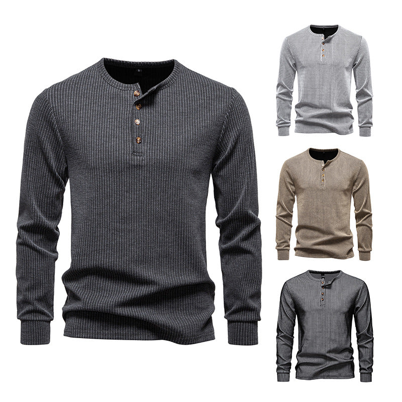 Men's Slim-Fit Ribbed Henley Long Sleeve Sweater with Round Neck and Button Placket Chichicherry