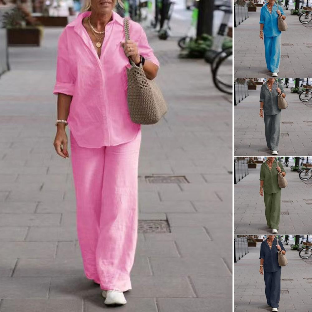 Damen Leichtes Leinen-Loungewear-Set mit offenem Hemdkragen und weiter Palazzohose Chichicherry