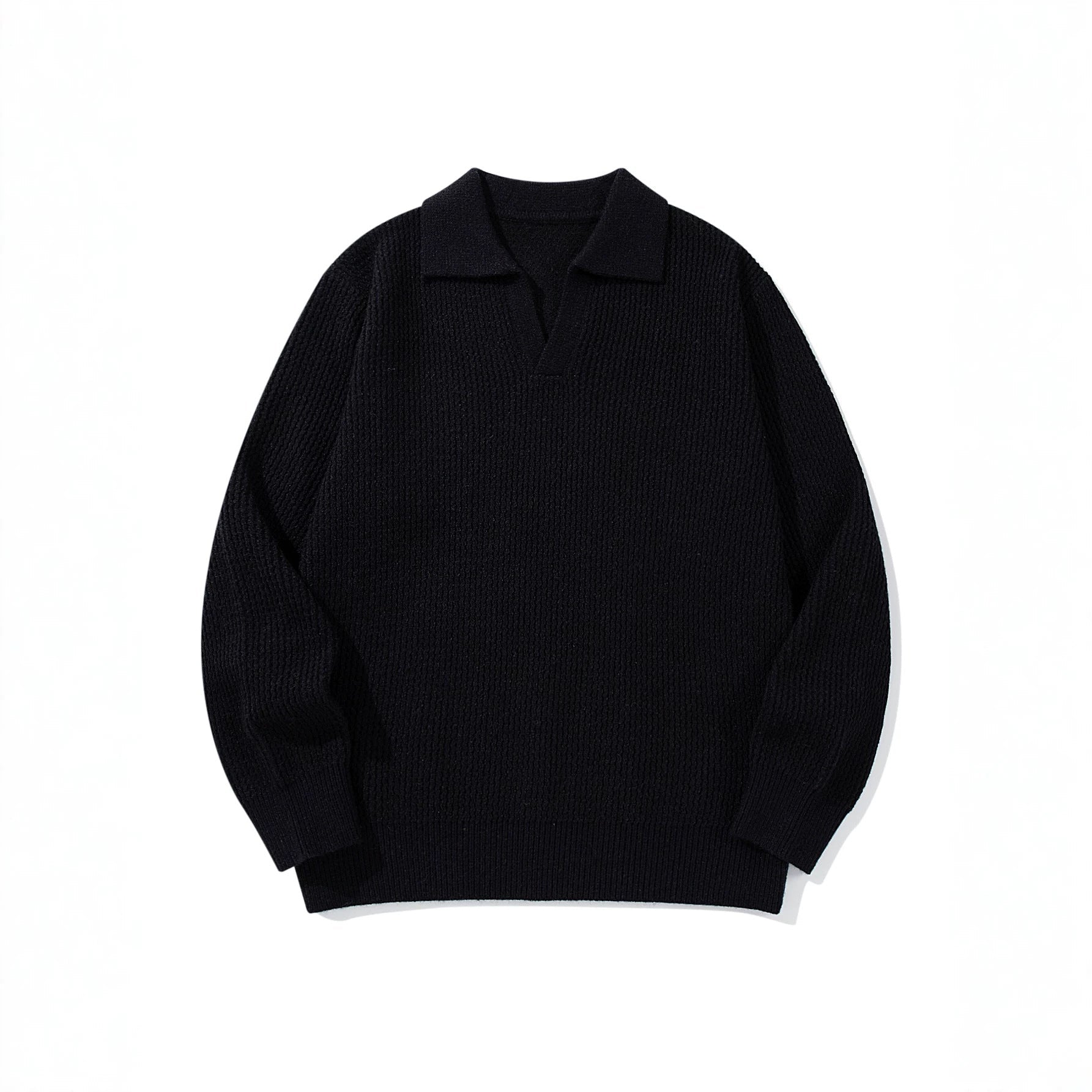 Men's Chunky Knit Polo Collar Sweater with V-Neck and Ribbed Cuffs Chichicherry