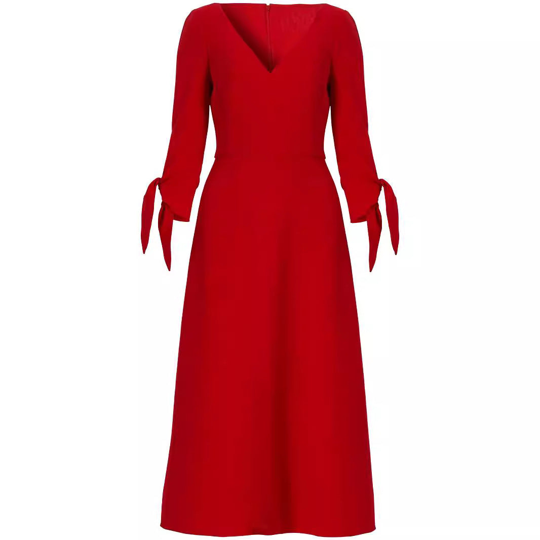 Women's Tailored Midi Dress with V-Neck and Bow Cuffs Chichicherry