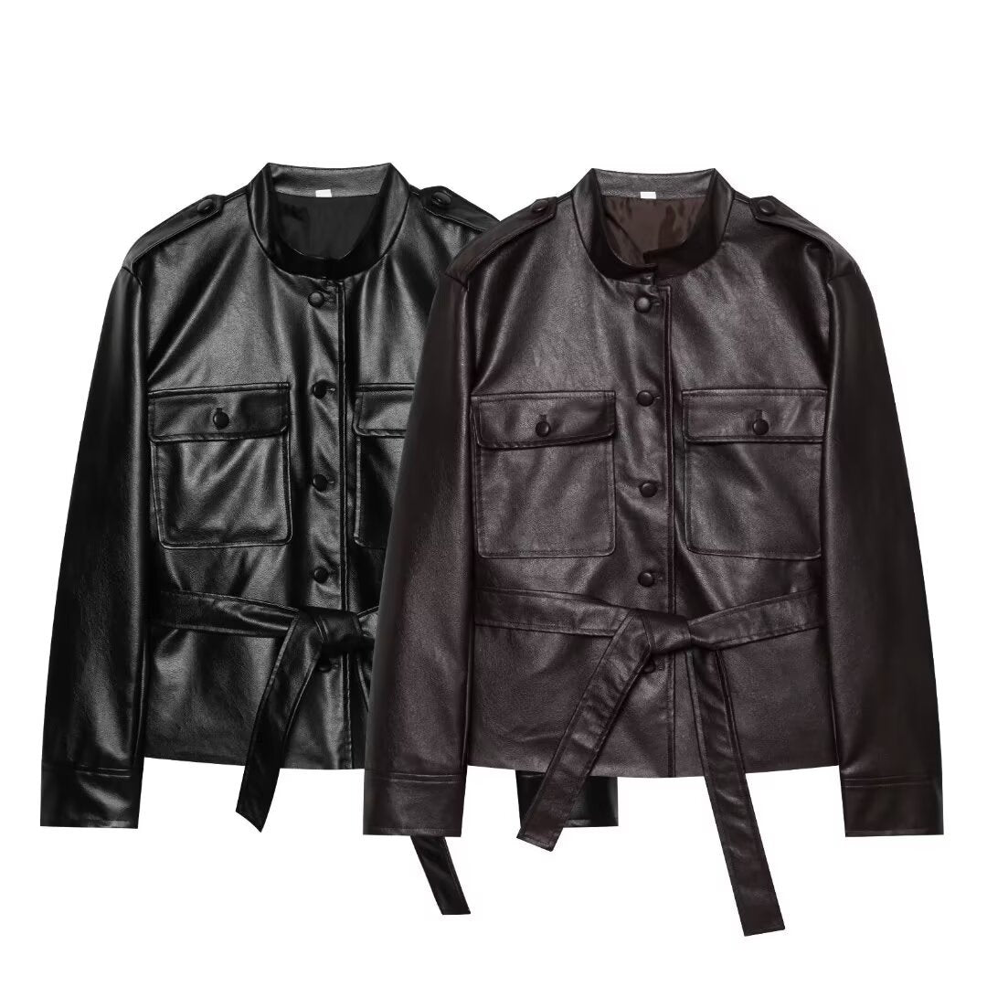 Women's Tailored Faux Leather Safari Jacket with Tie Belt and Flap Pockets Chichicherry