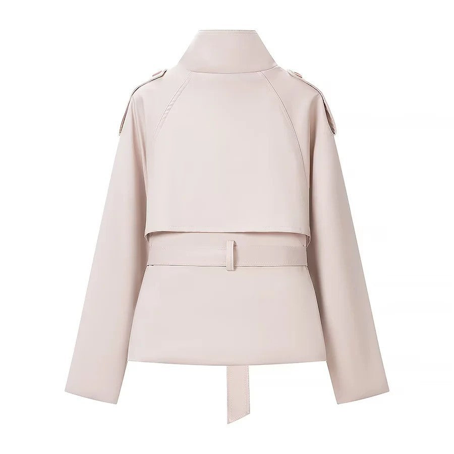Women's short trench-style jacket with stand-up collar double-breasted and tie belt Chichicherry