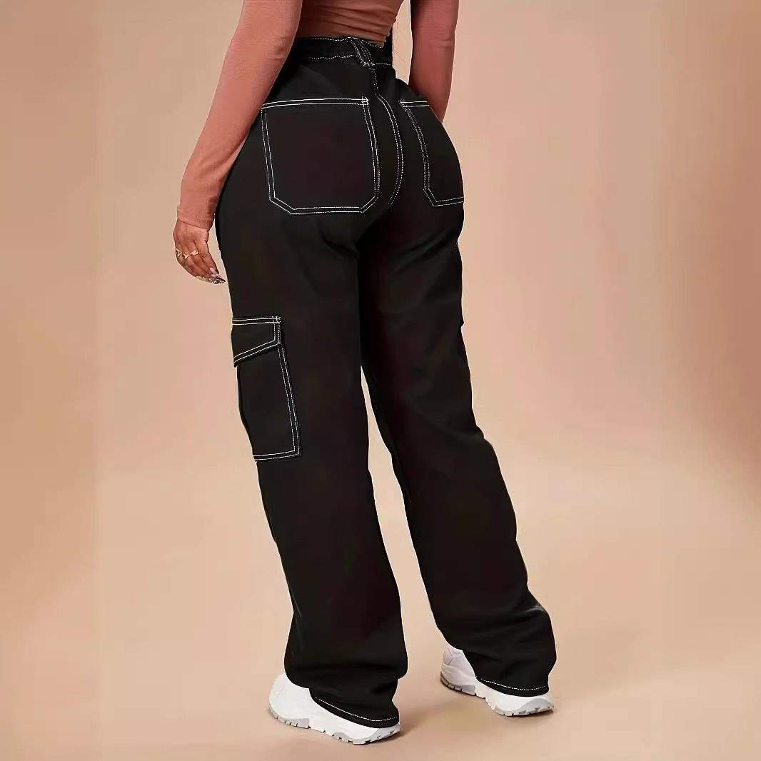 Women's utility cargo pants with wide leg, high waist and contrasting decorative seams Chichicherry