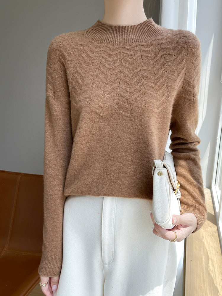 Women's Soft Fine Knit Mock Neck Sweater with Chevron Ajour and Cashmere Look Chichicherry