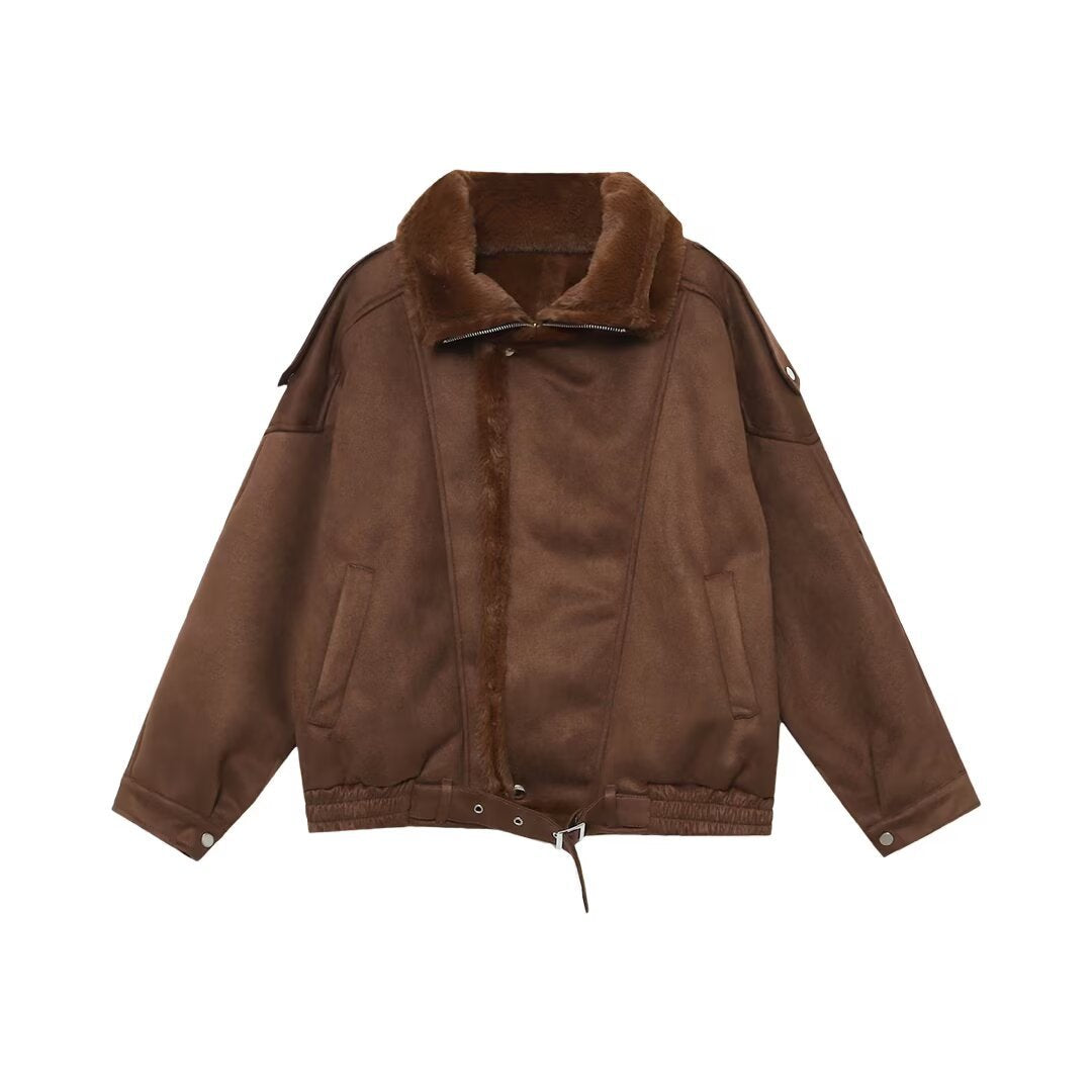Women's Oversized Aviator Jacket with Teddy Lining, Stand Collar and Waist Belt Chichicherry