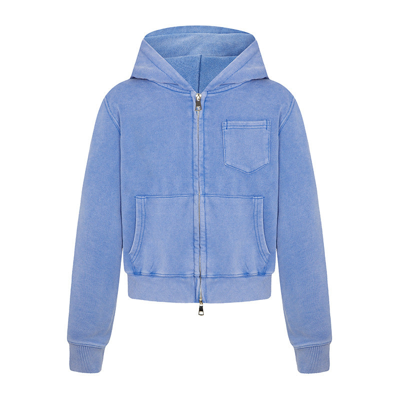 Ladies short-cut hooded zip jacket made of garment-dyed cotton fleece with chest pocket Chichicherry