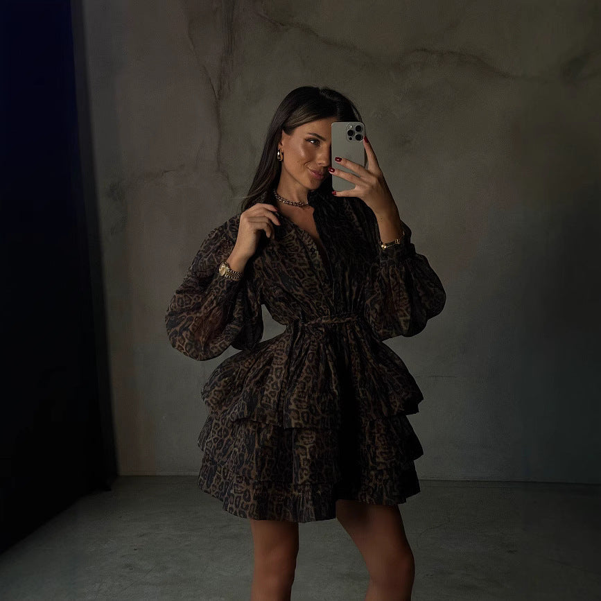 Women Transparent Ruffle Mini Dress with Shirt Collar, Balloon Sleeves and Waist Belt Chichicherry