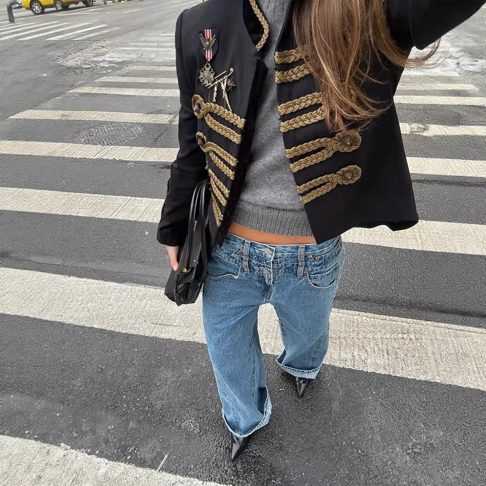 Women Short Military Inspired Parade Jacket with Gold Cord Decoration Chichicherry