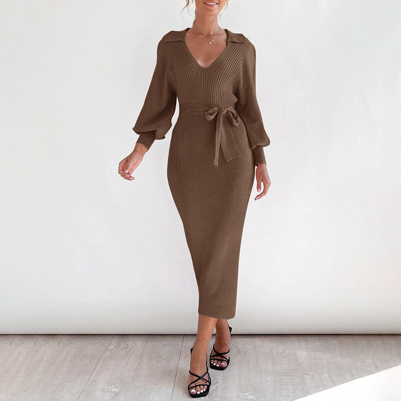 Women's midi dress made of ribbed knit with V-neck, shirt collar, balloon sleeves & tie belt Chichicherry