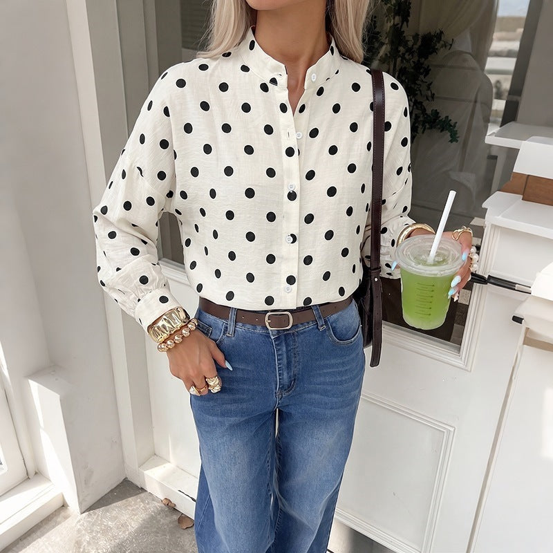 Ladies polka dot viscose blouse with stand-up collar and mother-of-pearl buttons Chichicherry