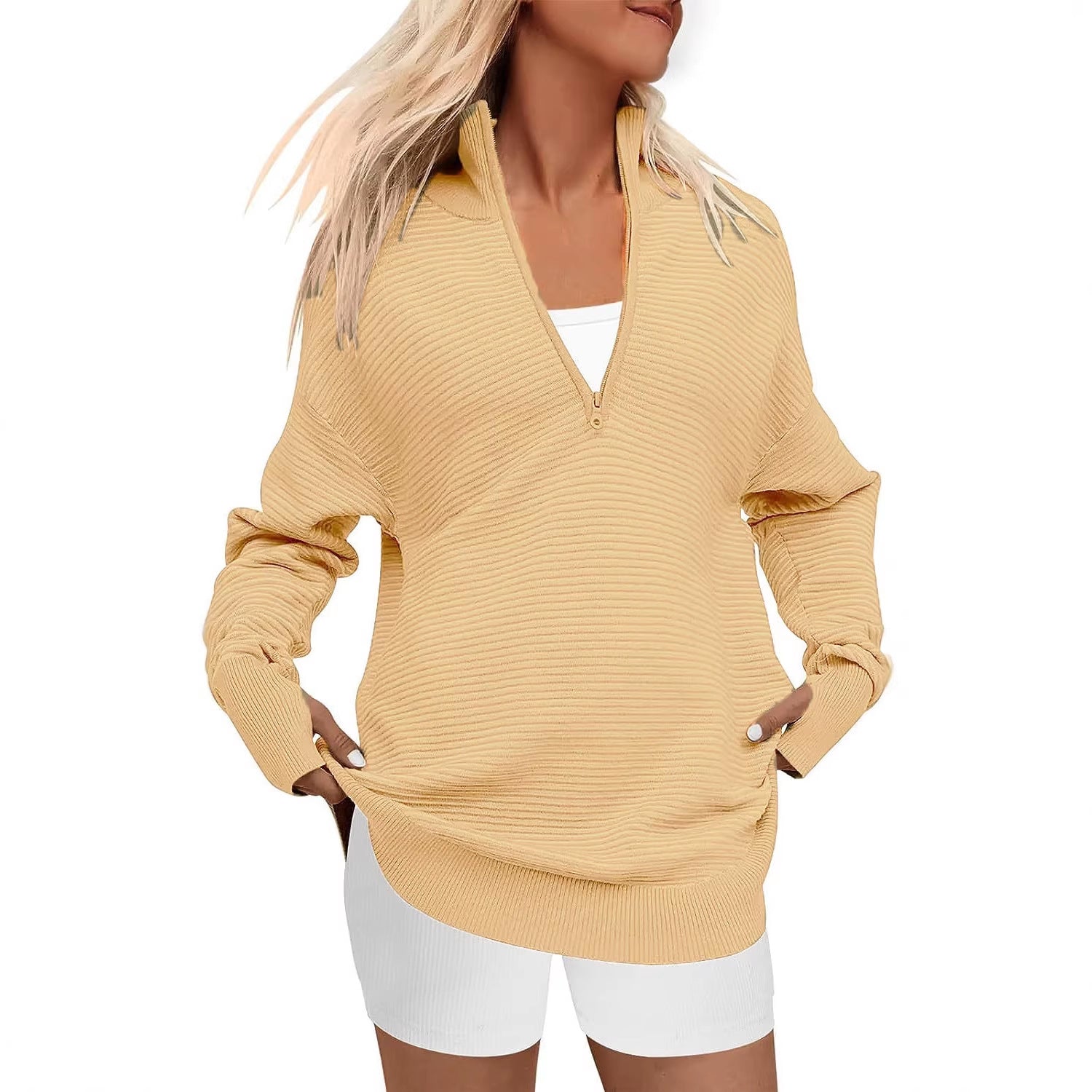 Ladies Oversized Fine Knit Sweater with Half Zipper, Stand Collar and Thumb Hole Sleeves Chichicherry