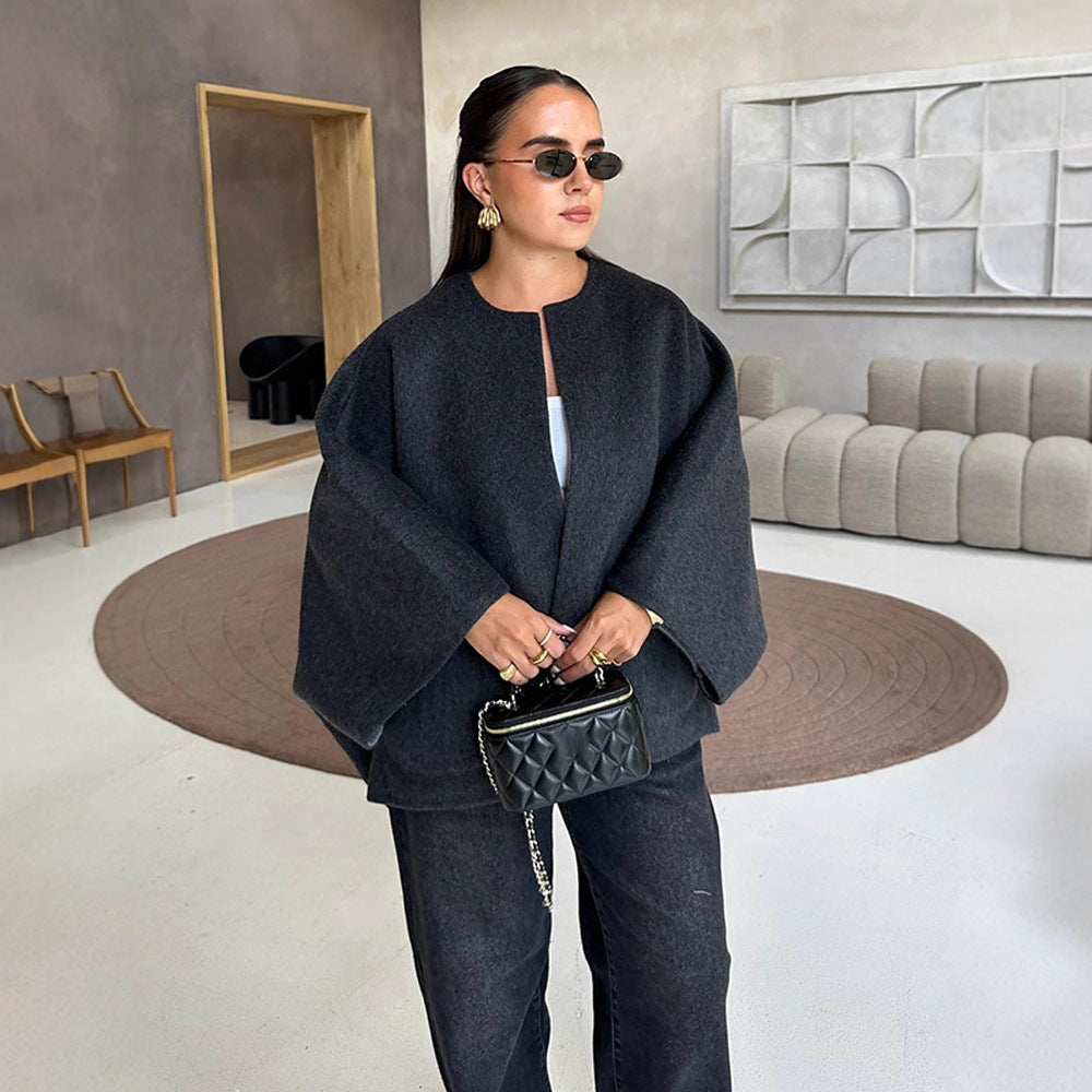 Women's Short Wool Blend Cape Jacket with Oversized Trumpet Sleeves Chichicherry