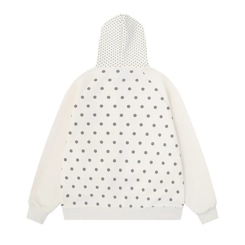 Women Polka Dot Zip Hooded Jacket with Bow Pockets and Raglan Sleeves Chichicherry