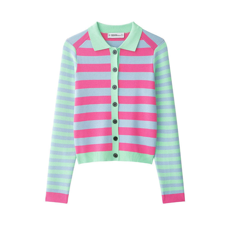 Women's Striped Short Knit Jacket with Polo Collar, Contrasting Button Placket and Ribbed Cuffs Chichicherry