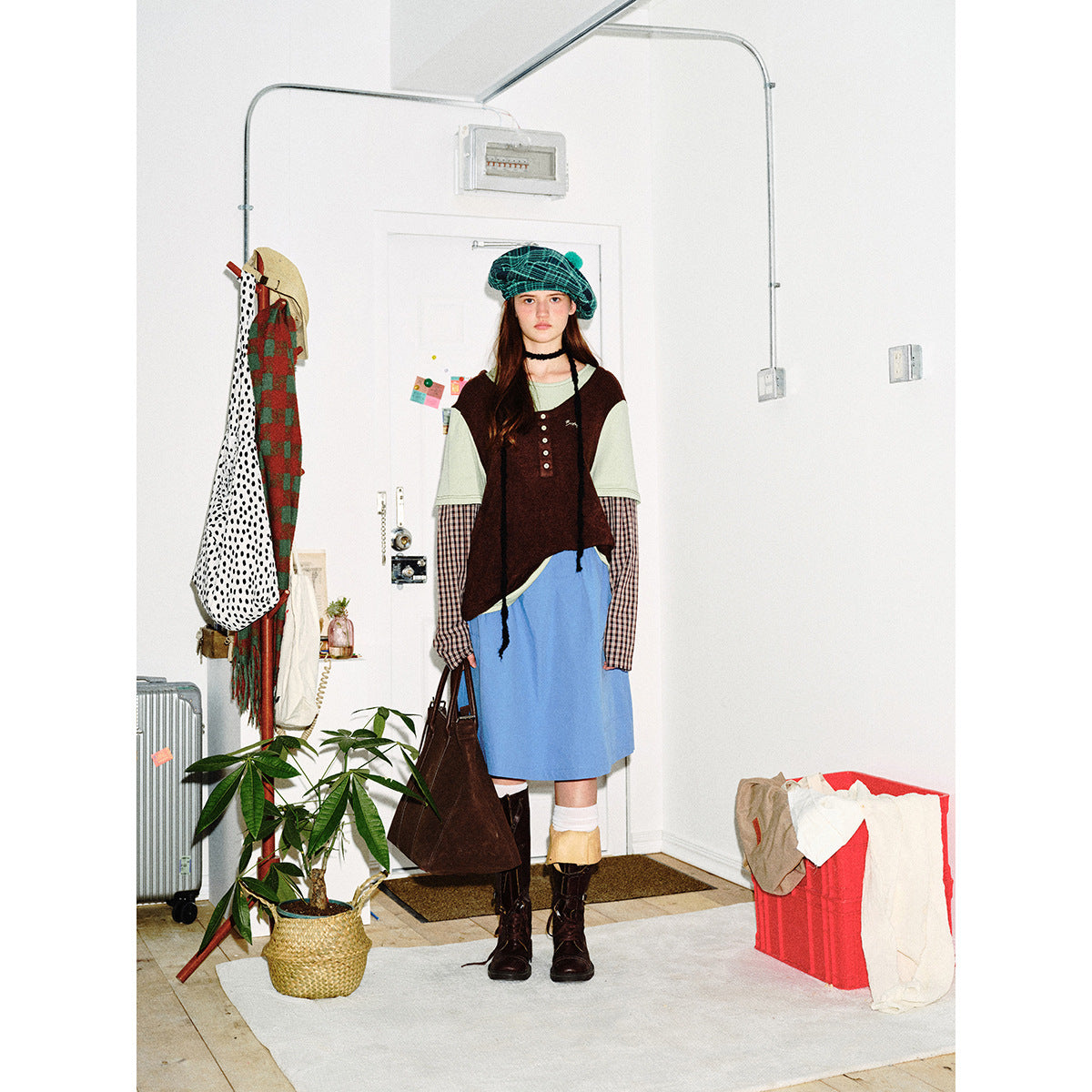 Unisex Layered Look Henley Shirt with contrasting plaid cuffs and short overshirt effect