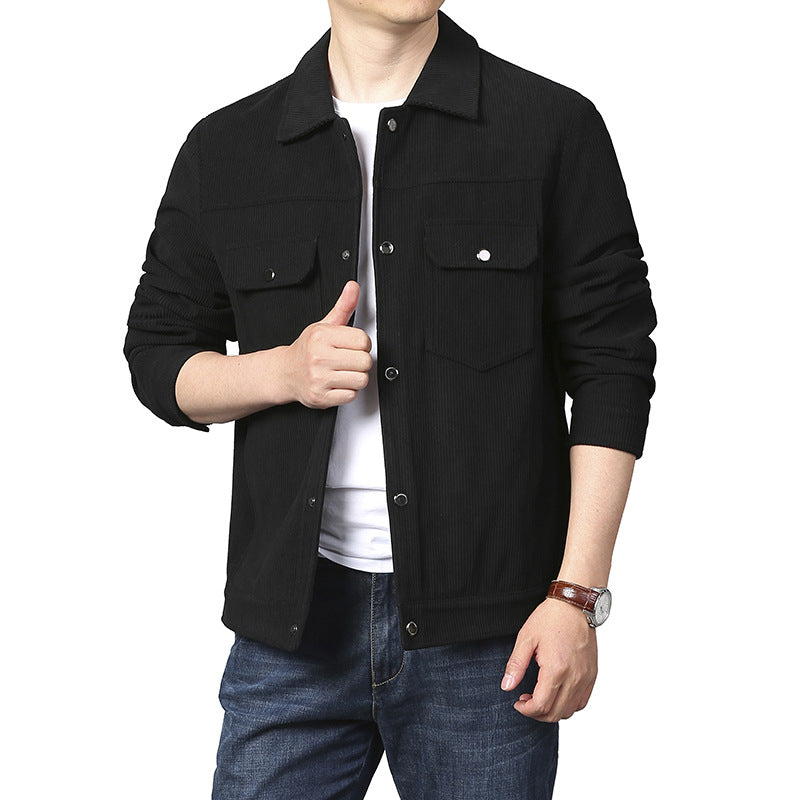 Men's Cord Worker Jacket in Trucker Style with Snap Button Closure and Flap Pockets Chichicherry
