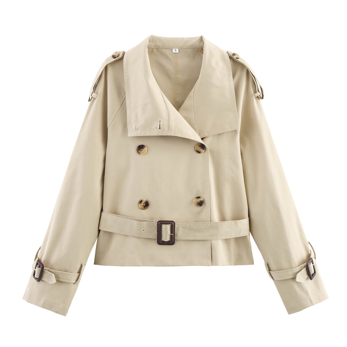 Women's Short Double-Breasted Trench Blouson with High Stand Collar, Shoulder Tabs, and Waist Belt Chichicherry