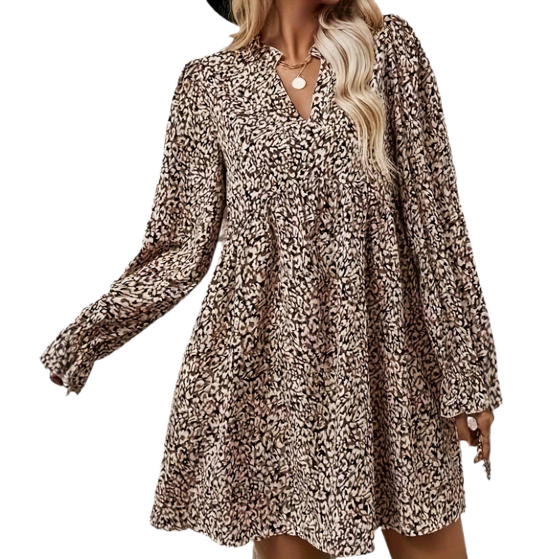 Women's Loose Short Dress with V-Neck, Smocked Waistline and Balloon Sleeves Chichicherry