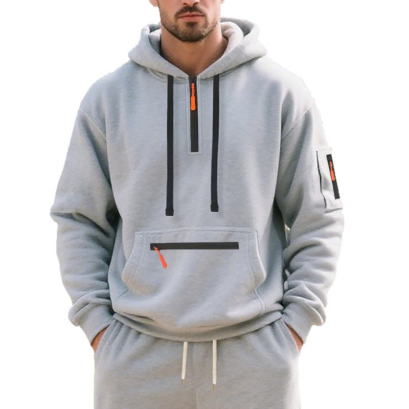 Men's Oversize Hoodie with Half Zipper, Kangaroo Pocket with Zipper and Sleeve Pocket Chichicherry