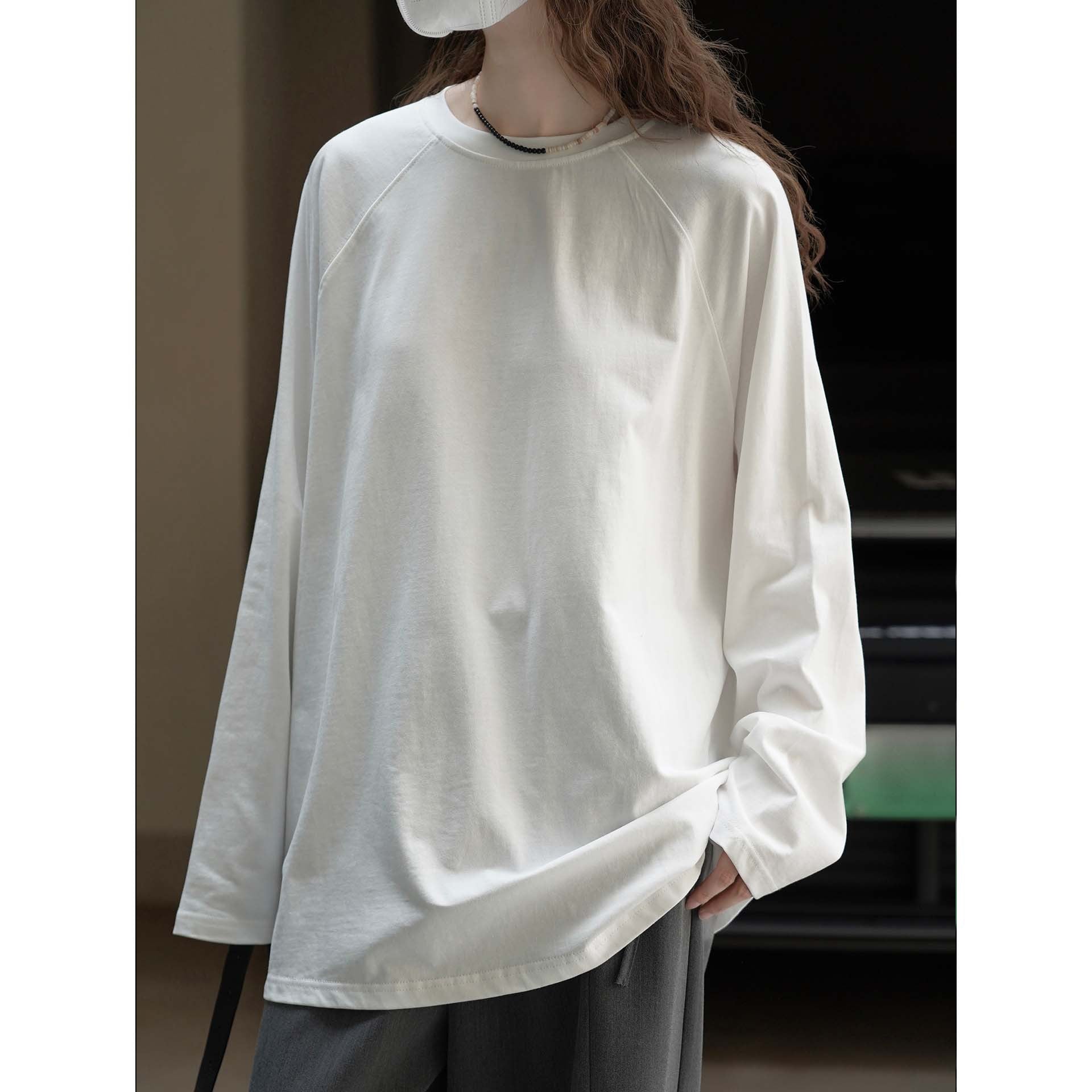 Women's Loose Extra-Long Cotton Sweatshirt with Raglan Sleeves and Rounded Hem