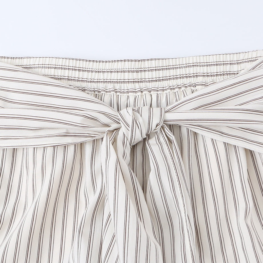 Women Wide Highwaist Trousers with Vertical Stripes and Tied Belt Chichicherry