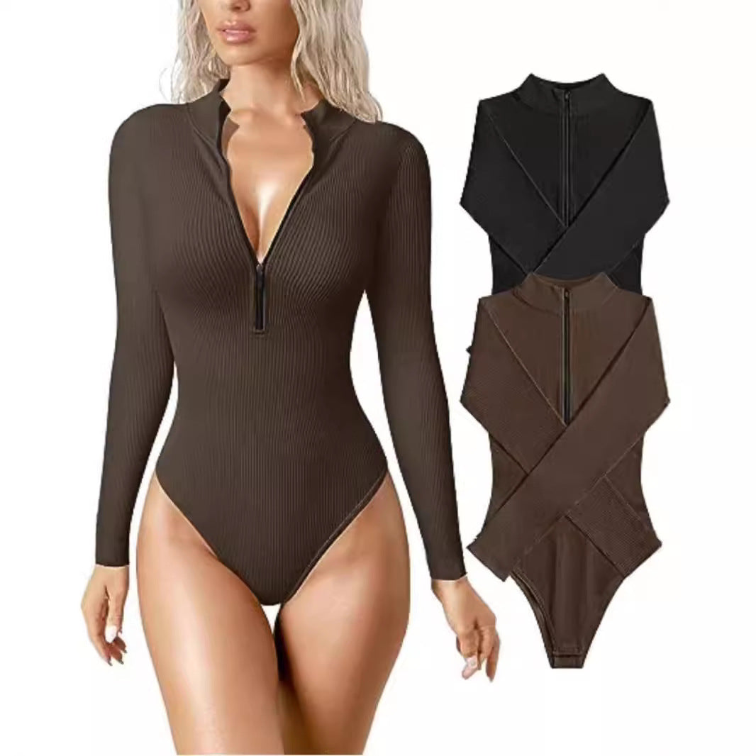 Damen Enganliegendes Rippstrick-Longsleeve mit Halbzip und Stehkragen Chichicherry