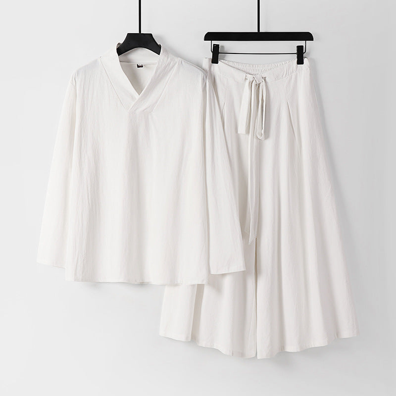 Women's Lightweight Linen-Cotton Loungewear Set with V-Neck, Wide Midi Skirt, and Tie Belt Chichicherry