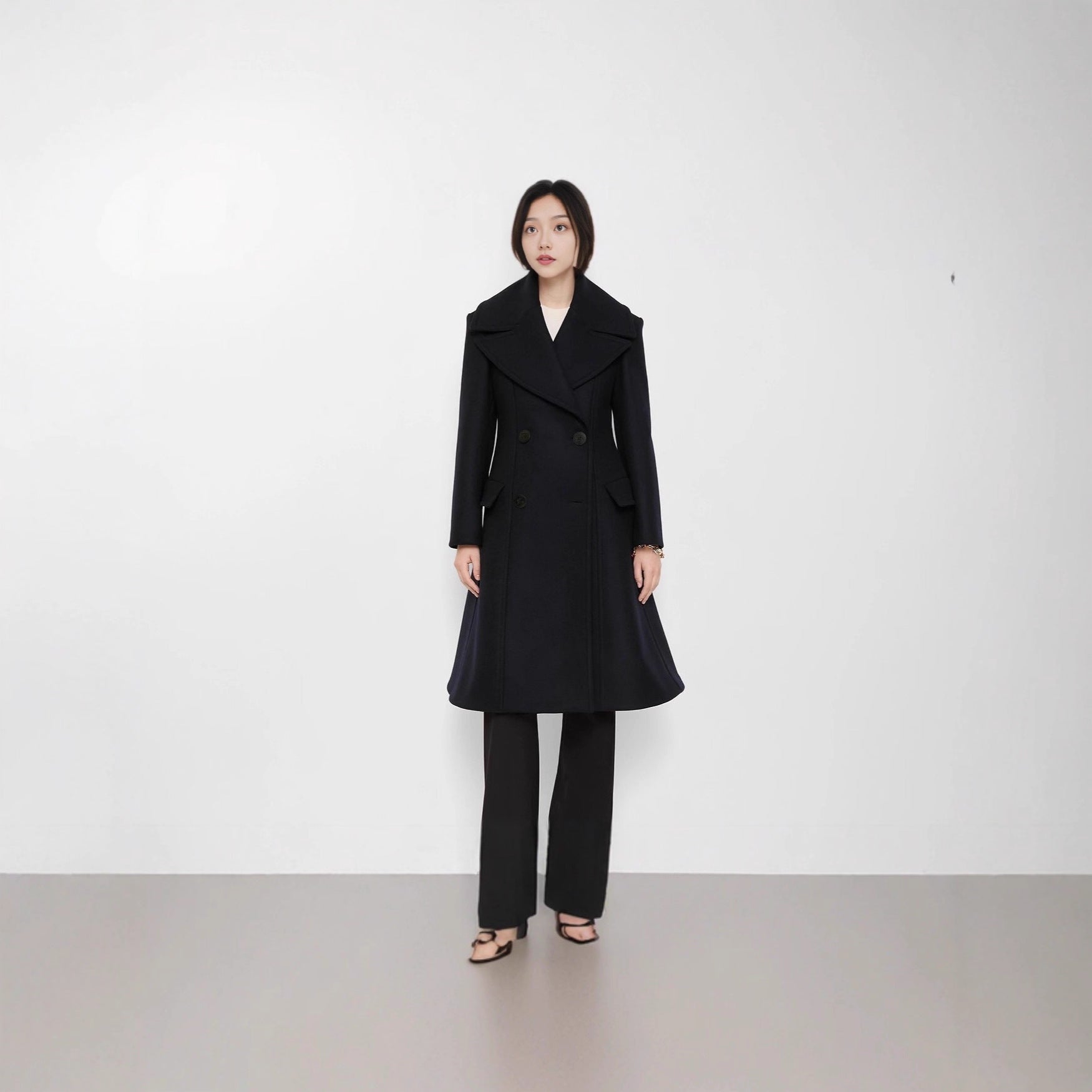 Women's Tailored Double-Breasted Wool Coat with Wide Shawl Collar and Flared Hem Chichicherry